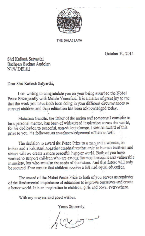 Letter to Satyarthi from Dalai Lama